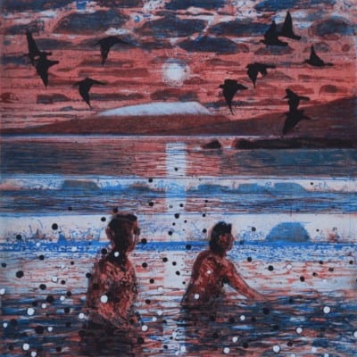 Winter Swimmers & Oyster Catchers by Niall Naessens: Irish Art by Greenlane Gallery Dingle