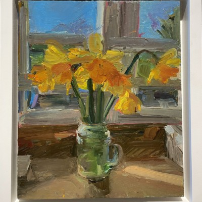 Daffodils on window sill by Maev Kelly: Irish Art by Greenlane Gallery Dingle